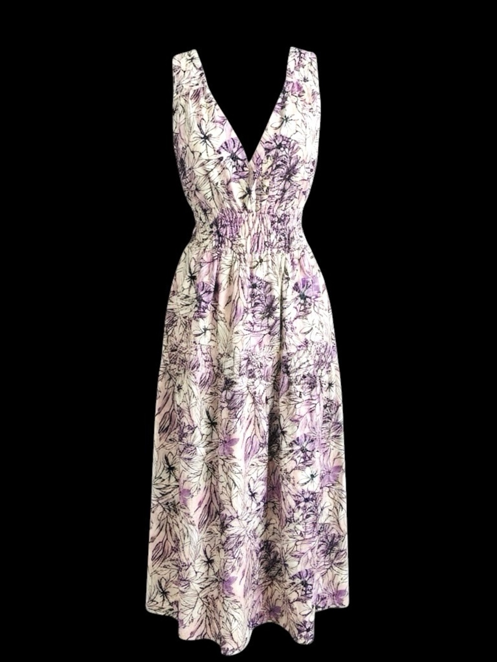NWT Express Floral V-Neck Lavender and Cream Fully Lined Smocked Maxi Dress XS